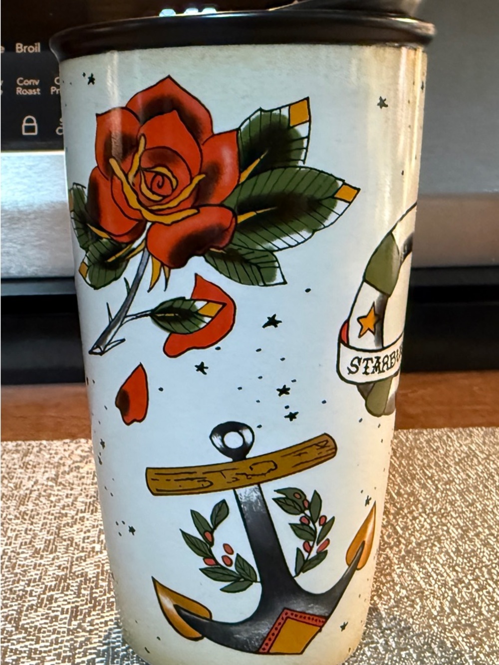 Starbucks White Travel Tumbler with Red Rose and Green Leaf Tattoo Art